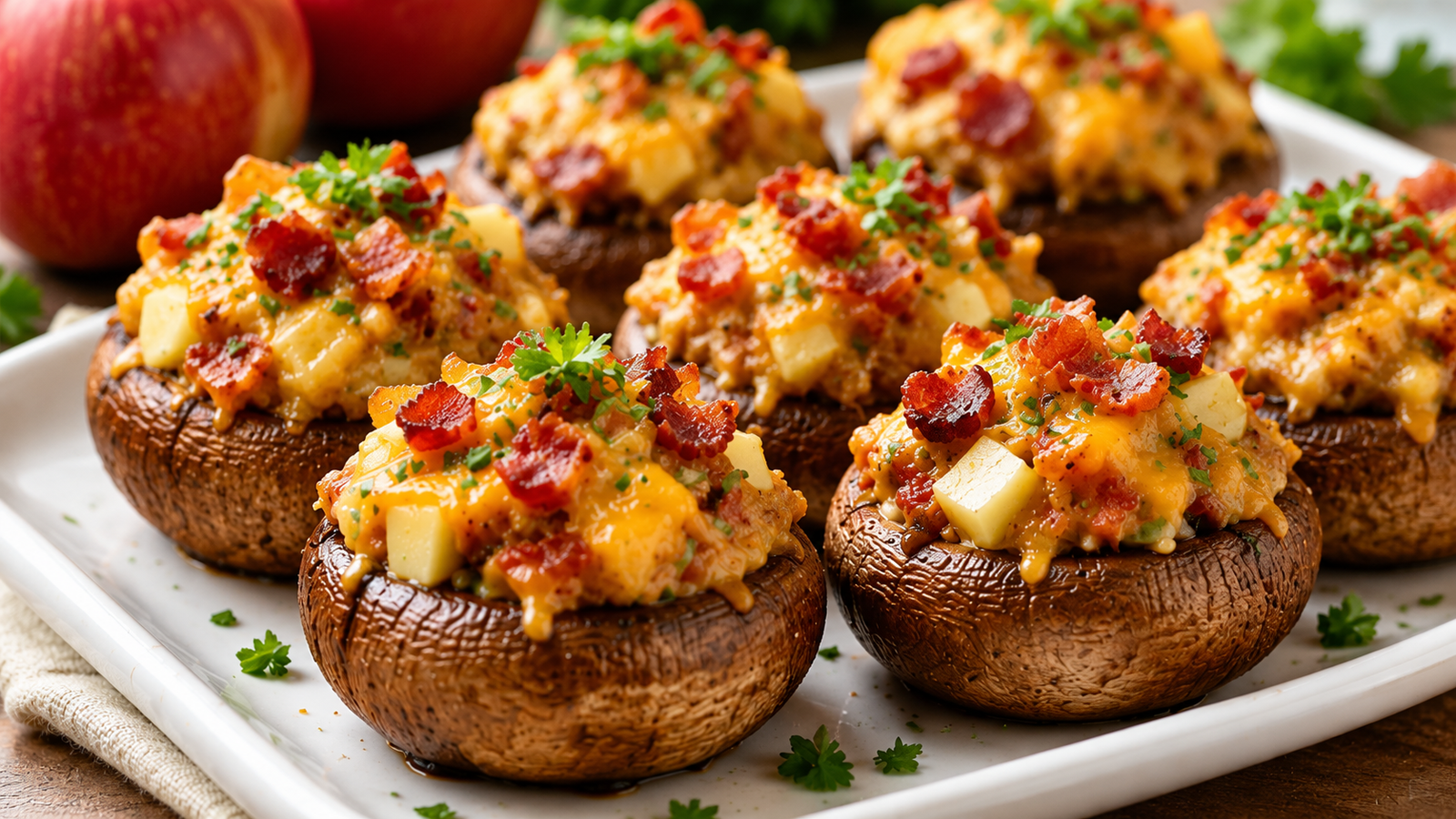 Apple Bacon Cheddar Stuffed Mushrooms — healthy appetizer recipe